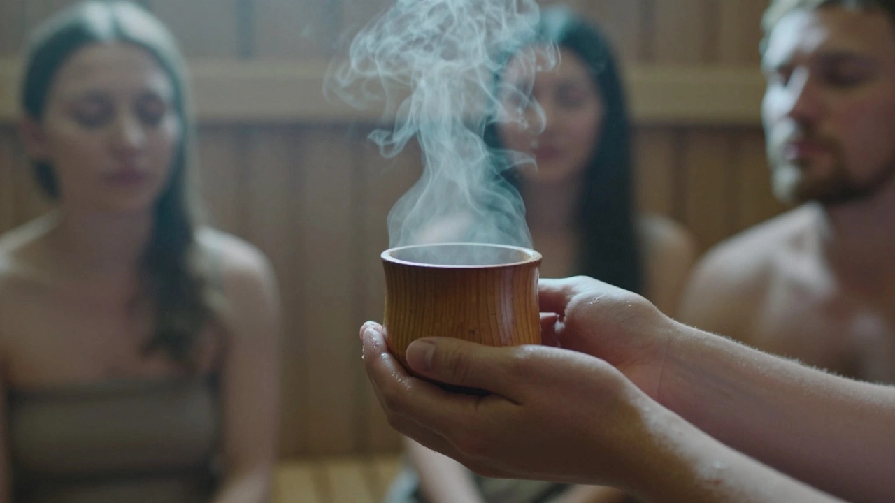 Две руки передают чашку напитка в парной, вокруг — тишина и пар.