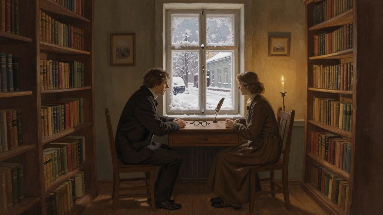 Двое смотрят на старинные вещи Пушкина в уютном музейном доме при свече.