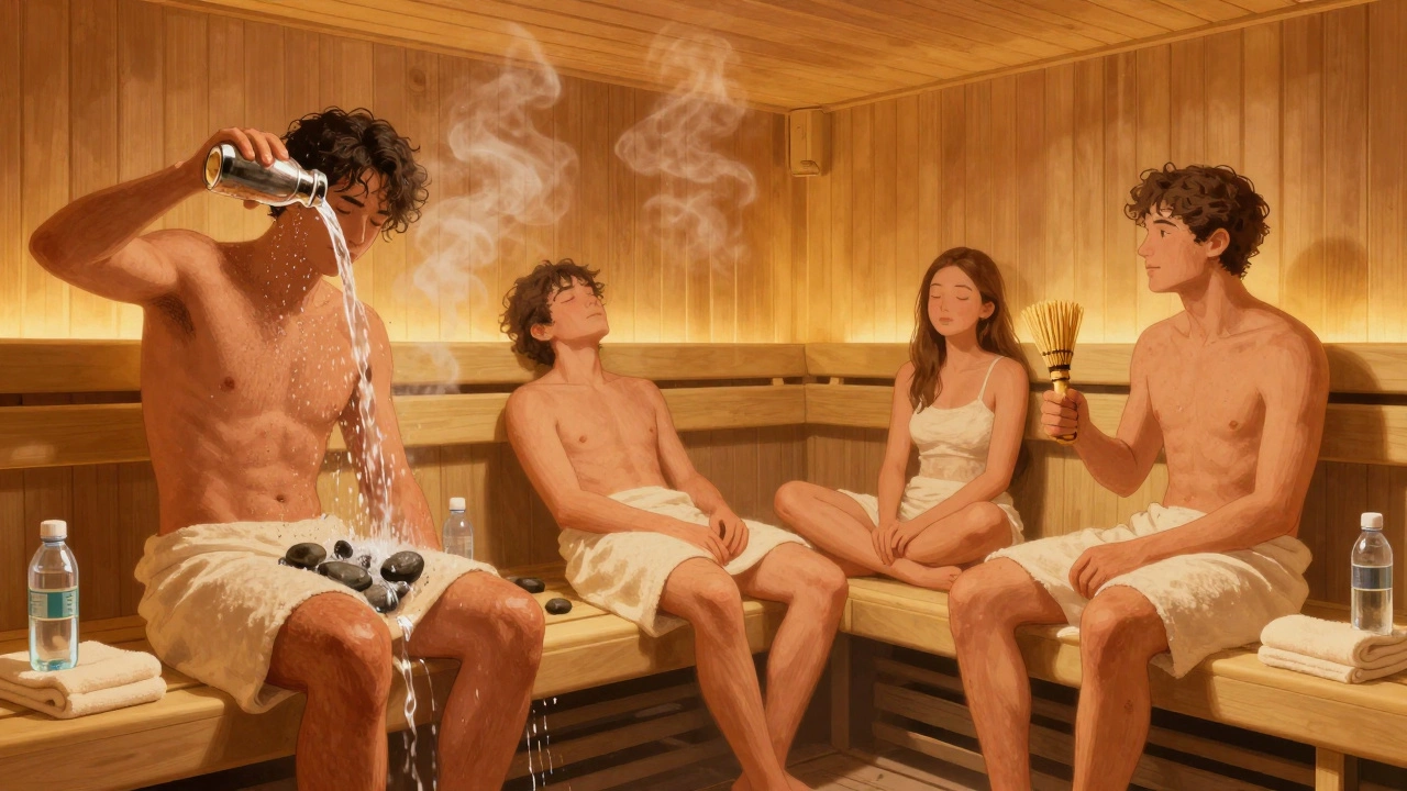 Группа друзей в закрытой сауне, один наливает воду на камни, остальные отдыхают в тишине, без разговоров и прямого взгляда.