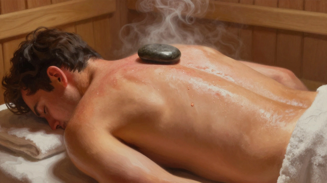 Художественное изображение спины мужчины после массажа: расслабленные мышцы, следы камней, капля пота, тепло и пар в фоне.