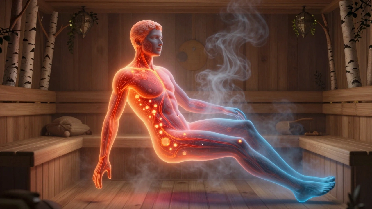 Художественное изображение тела с тепловыми и антиоксидантными процессами, символизирующими омоложение на клеточном уровне.
