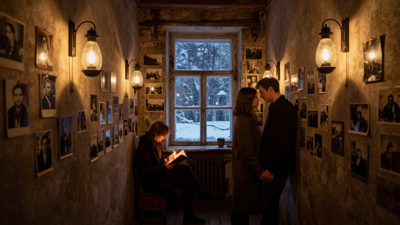 Люди держатся за руки в тёмном подвальном арт-пространстве, где читают стихи при свете бутылочных фонарей.