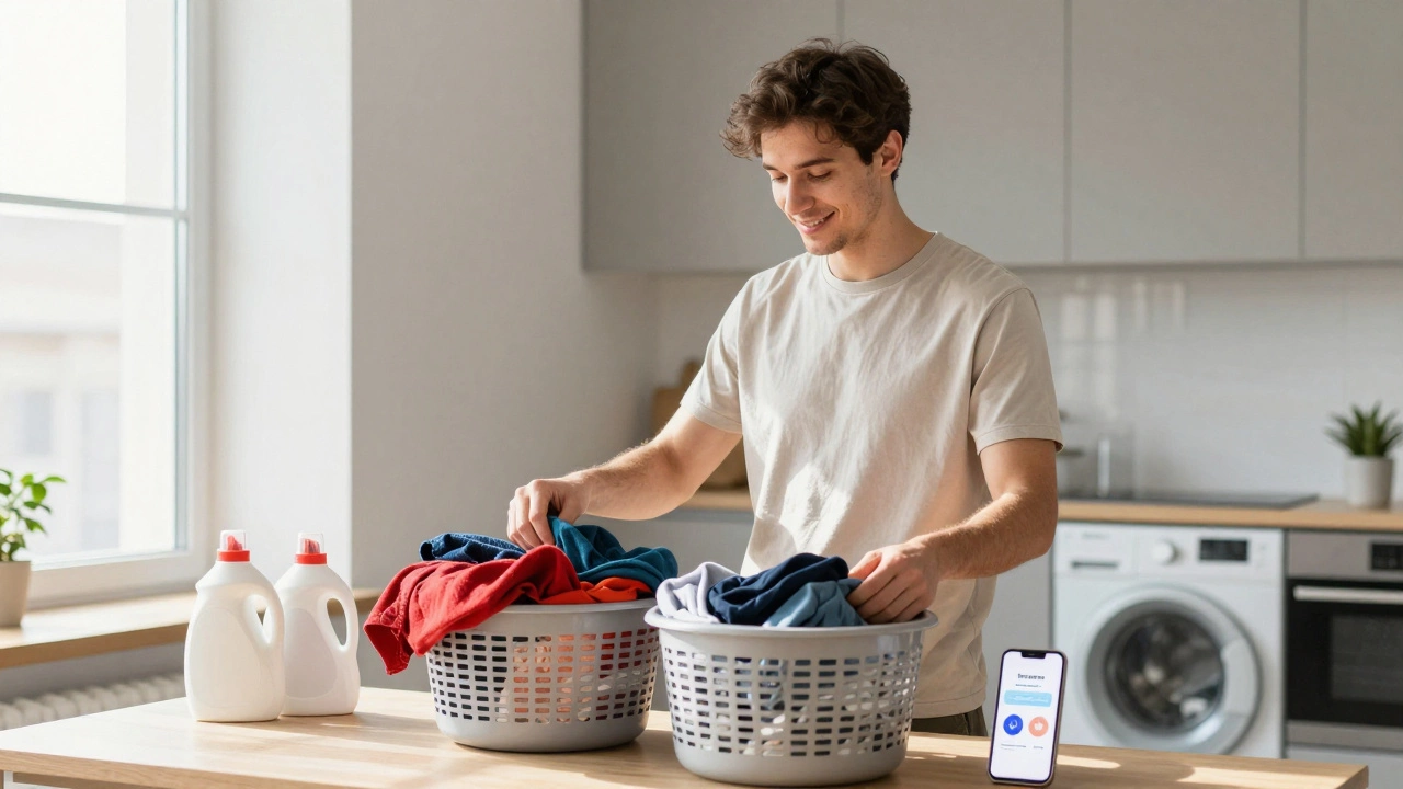 Молодой мужчина сортирует одежду в современной кухне, на столе видны средства для стирки.