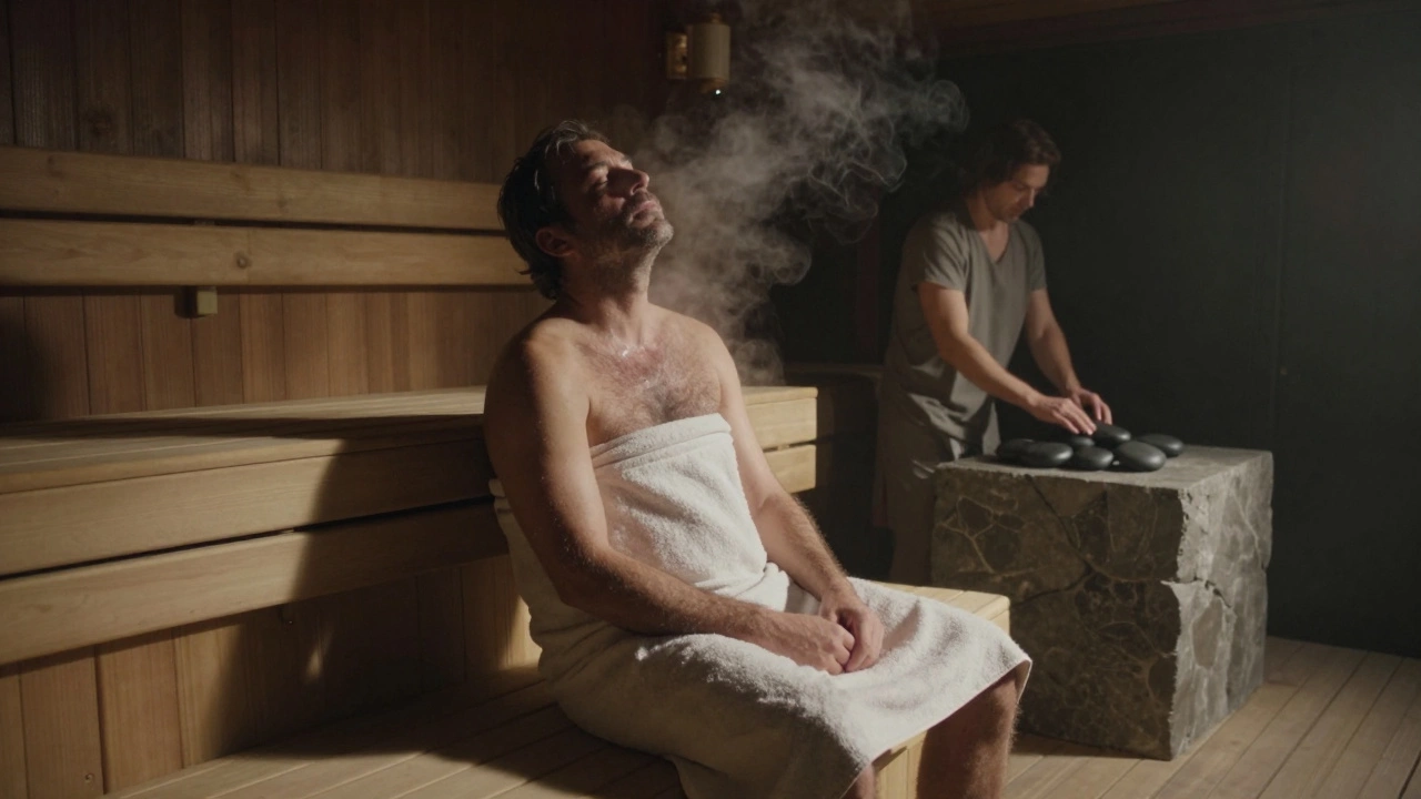 Мужчина с закрытыми глазами сидит после сауны, завернувшись в полотенце, вокруг — пар и тени утреннего света, тишина и спокойствие.