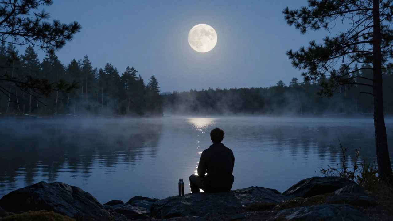 Мужчина сидит в тишине у озера в полнолуние, погружённый в размышления.