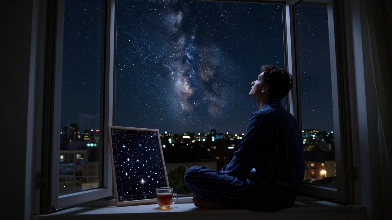 Мужчина смотрит в окно на Млечный Путь, звезды видны над городом, на подоконнике — карта звезд.