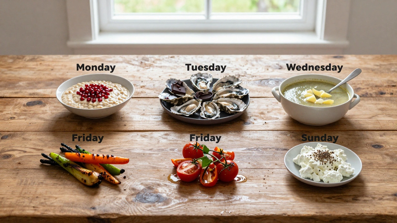 Недельный план питания из натуральных продуктов на деревянном столе.