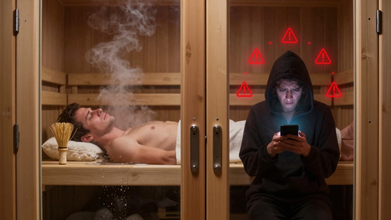 Разделённая сцена: спокойная сауна с веником и водой с одной стороны, и человек с телефоном с другой — символ противостояния расслабления и стресса.