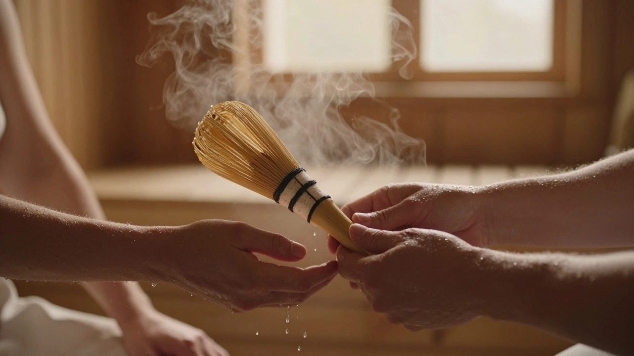 Руки передают березовый веник в парной, капли воды блестят на дереве и коже.