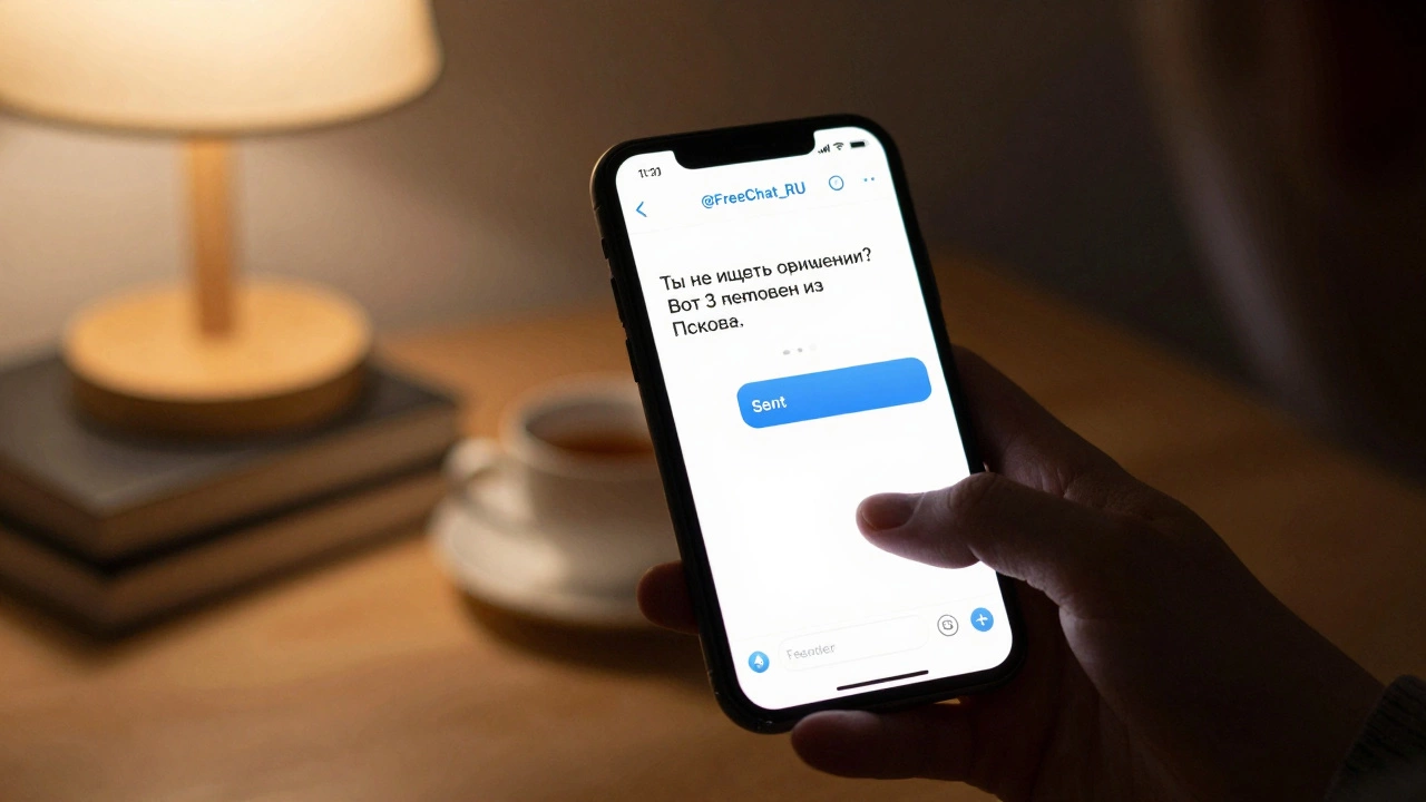 Телефон показывает чат-бота Telegram, где предлагают людей из Пскова без обязательств.