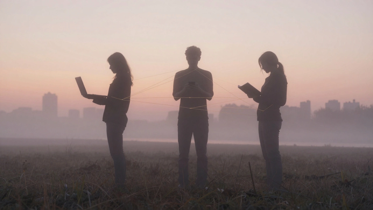 Три силуэта соединены золотыми нитями в туманном поле — символ свободных знакомств.