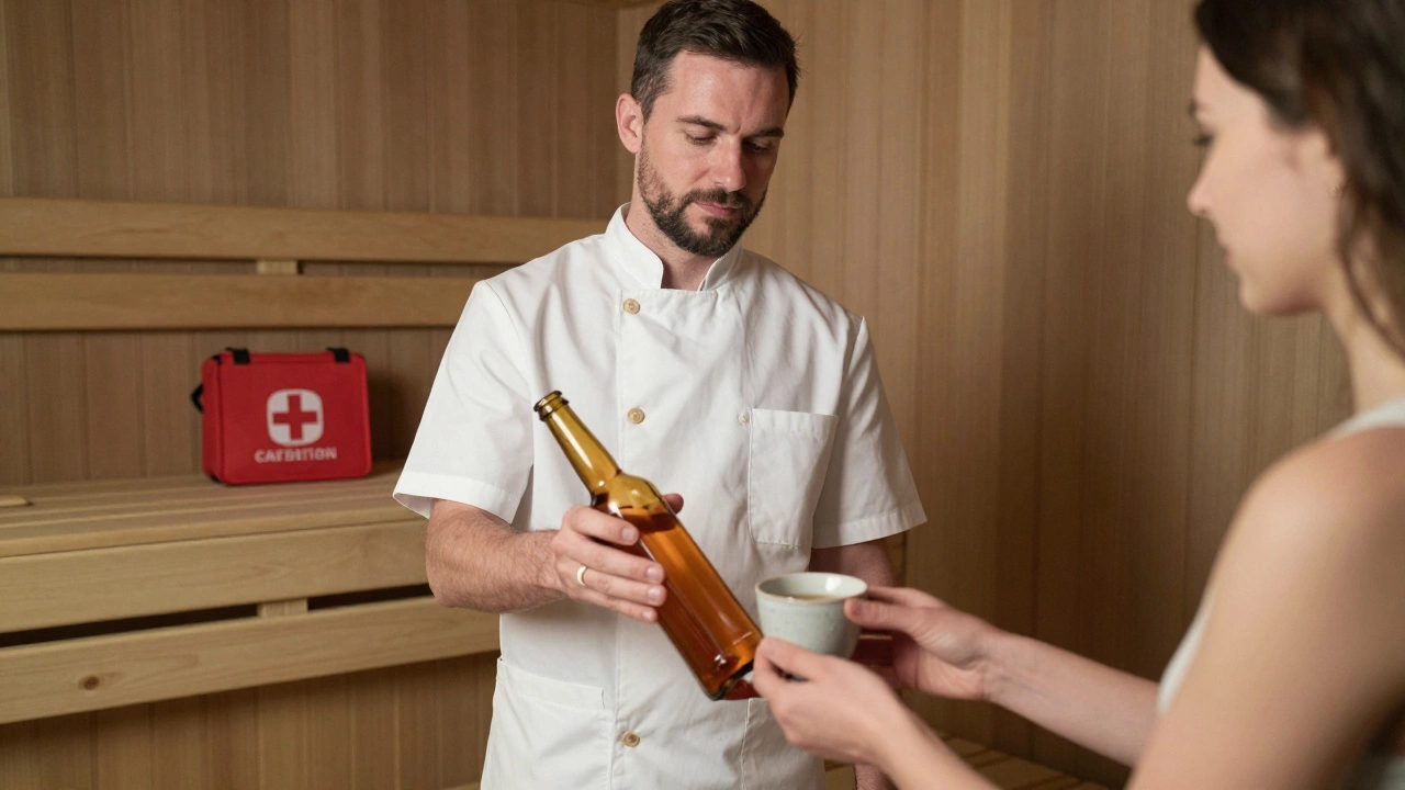 Администратор забирает алкоголь, предлагает травяной чай, аптечка на полке
