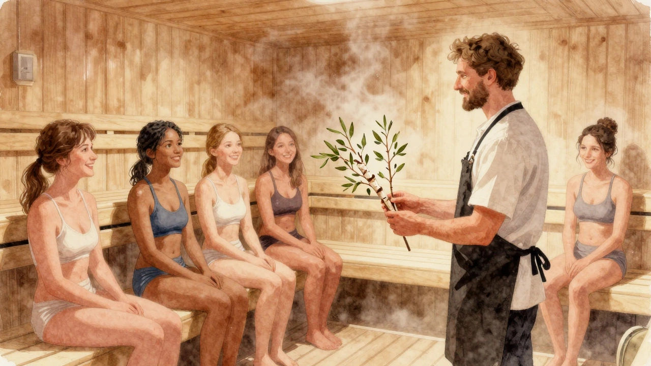 Администратор знакомит посетителей с помощью веников, улыбающиеся люди в бане