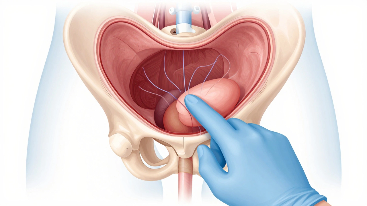 Анатомическая схема простаты, расположенной перед прямой кишкой, с изображением мягкого давления пальца и улучшенного кровотока.