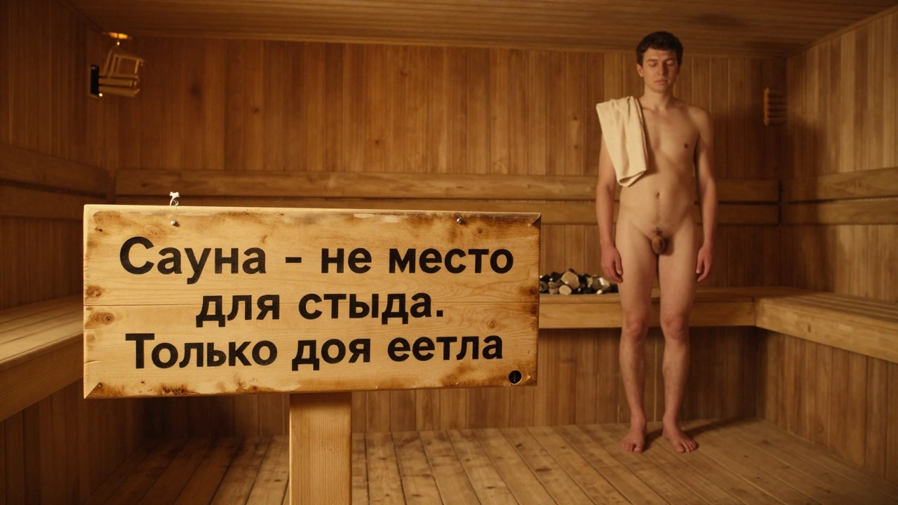 Деревянная табличка с надписью о тепле и отсутствии стыда в сауне, за ней человек с полотенцем, закрывший глаза в свете камней.