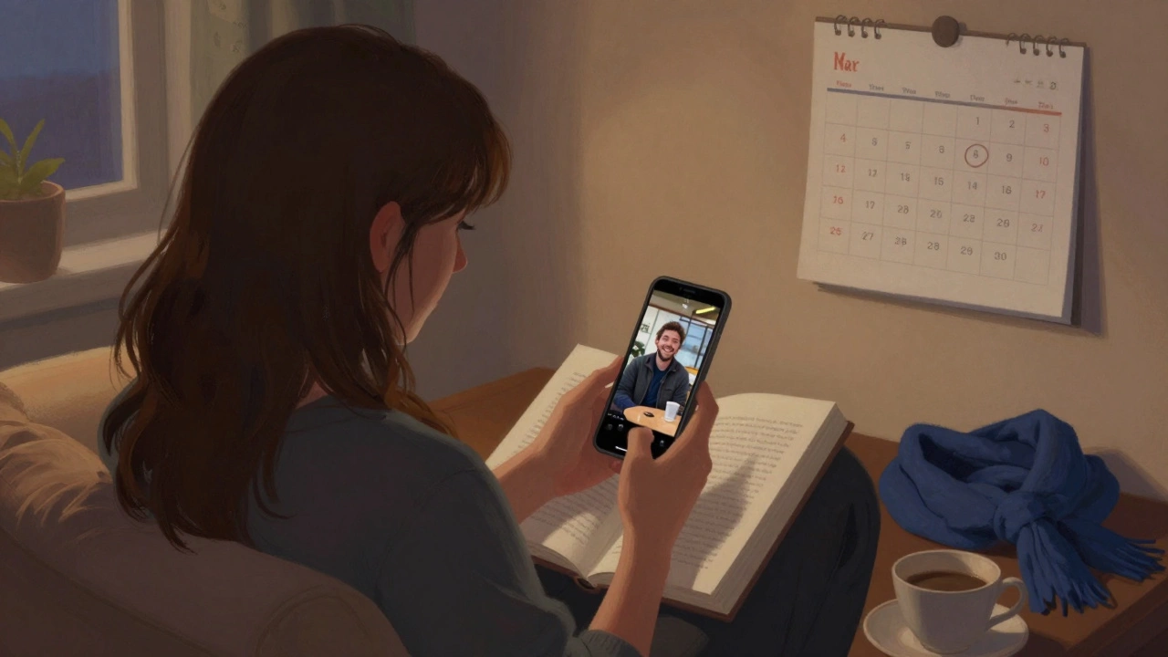 Девушка смотрит на фото мужчины на телефоне, рядом лежит синий шарф и календарь с отмеченной датой.