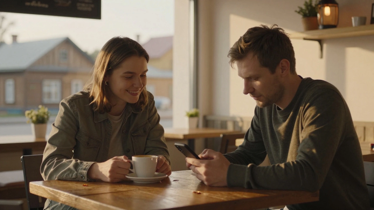 Два человека в кафе, спокойно общаются без давления