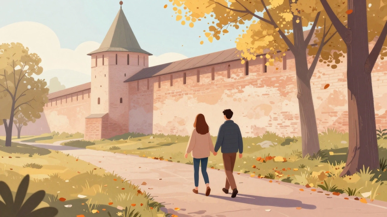 Люди идут рядом в парке у крепости, не говоря, но чувствуя связь в тишине.