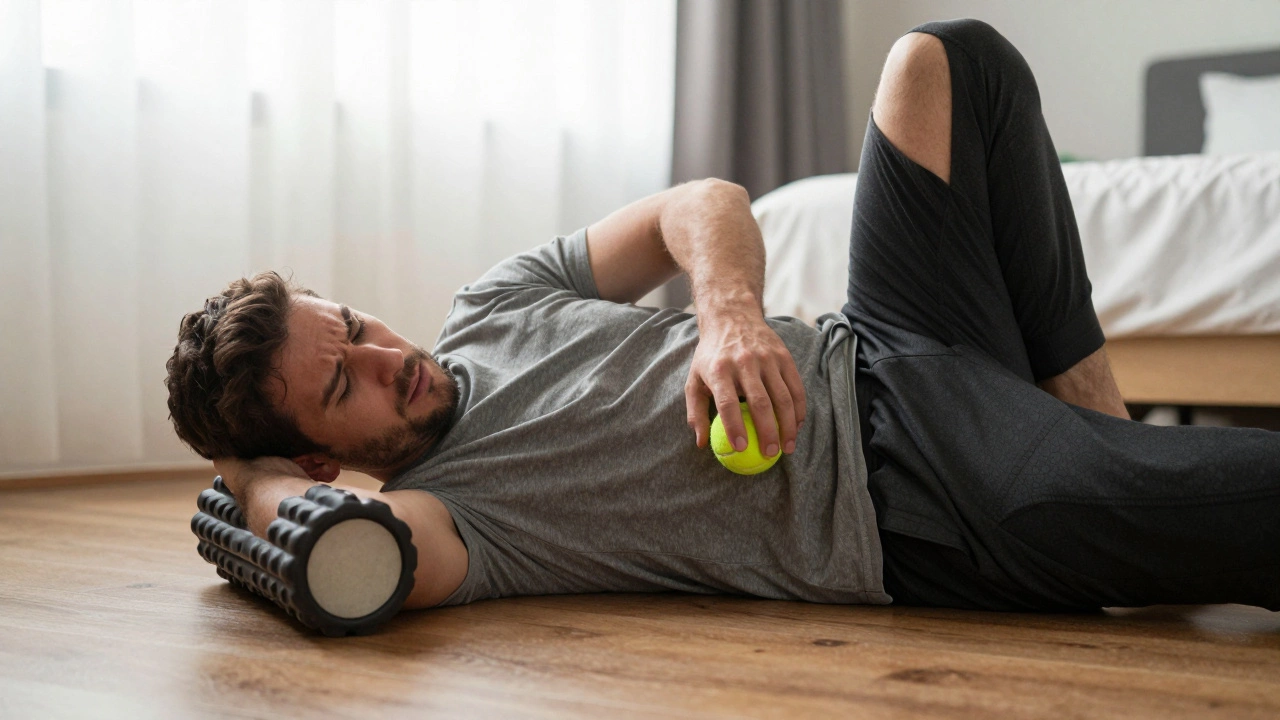 Мужчина массирует мышцу бедра теннисным мячом на полу, используя собственный вес для давления.