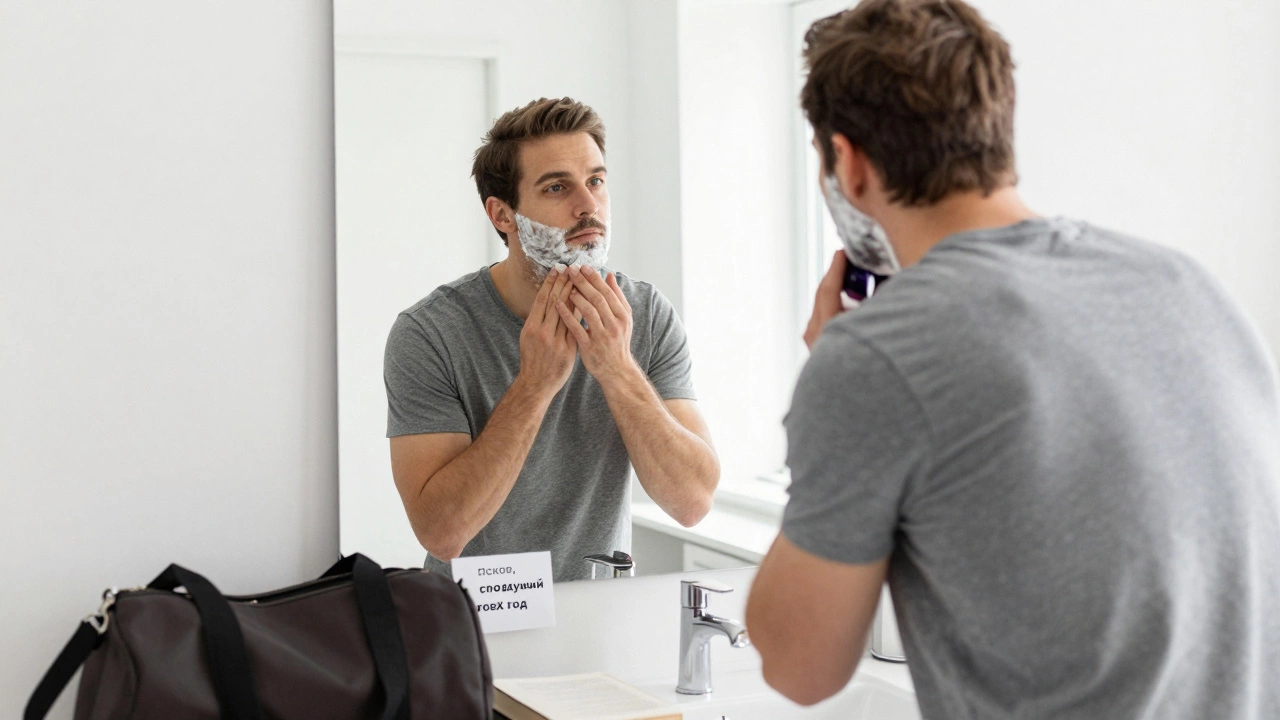 Мужчина у зеркала, аккуратно бреется — рядом книги и заметка о поездке, которую он планирует.