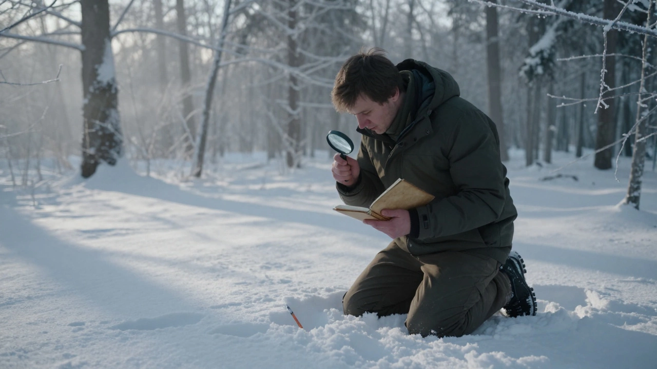 Мужчина в лесу у Пскова исследует следы животных в снегу с лупой и блокнотом, утро, туман, деревья вдали.