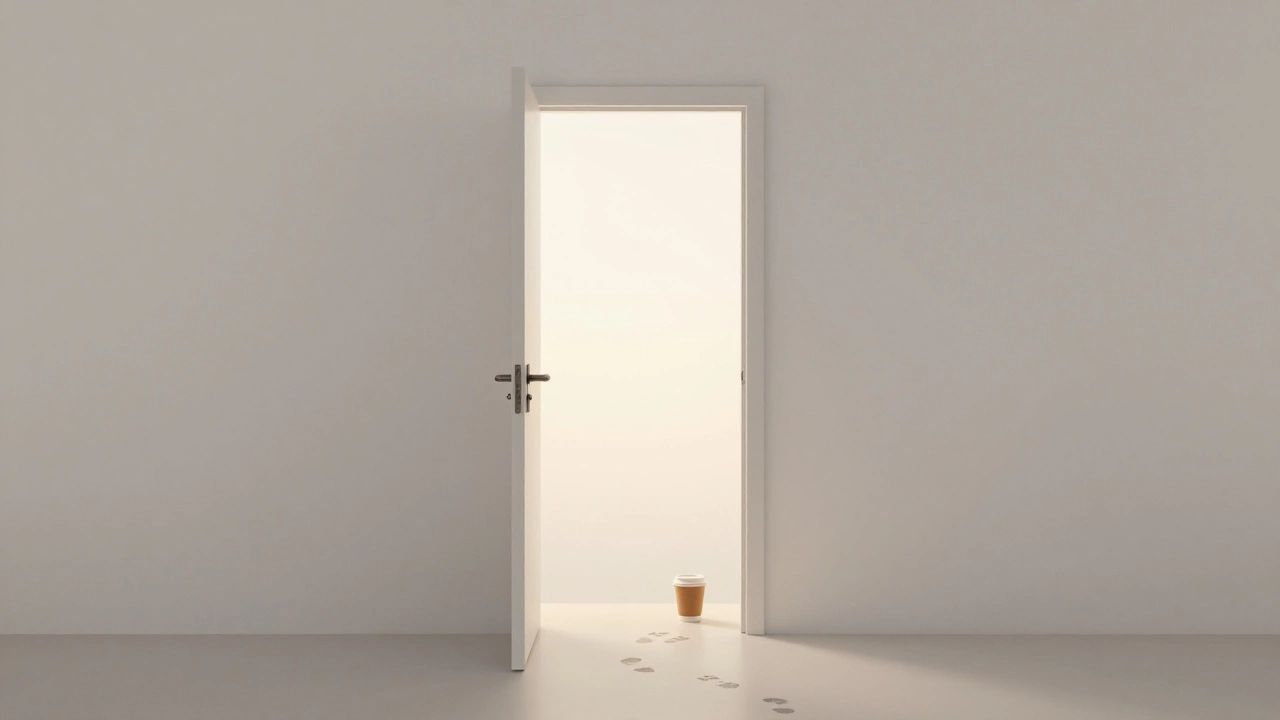 Открытая дверь с чашкой кофе на пороге — символ искреннего приглашения без давления.