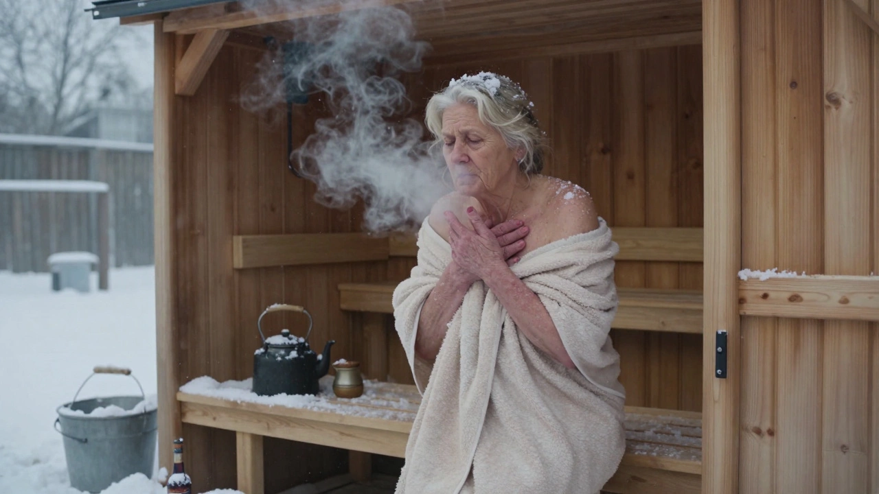 Пожилая женщина выходит из сауны на мороз, пар поднимается от её тела, снег ложится на плечи.