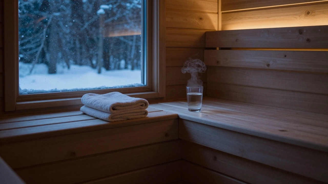 Пустая сауна с полотенцем и чашкой пара, за окном — снег.