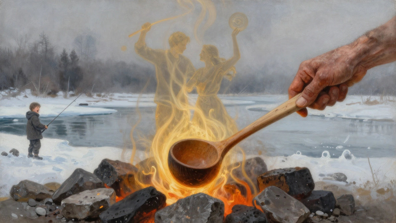 Руки пожилого человека льют воду на раскалённые камни в сауне, пар превращается в призрачные воспоминания.