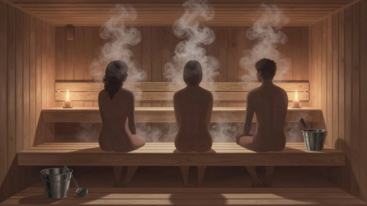 Трое людей в сауне сидят на деревянных полках, все без одежды, в спокойной атмосфере пара и света.