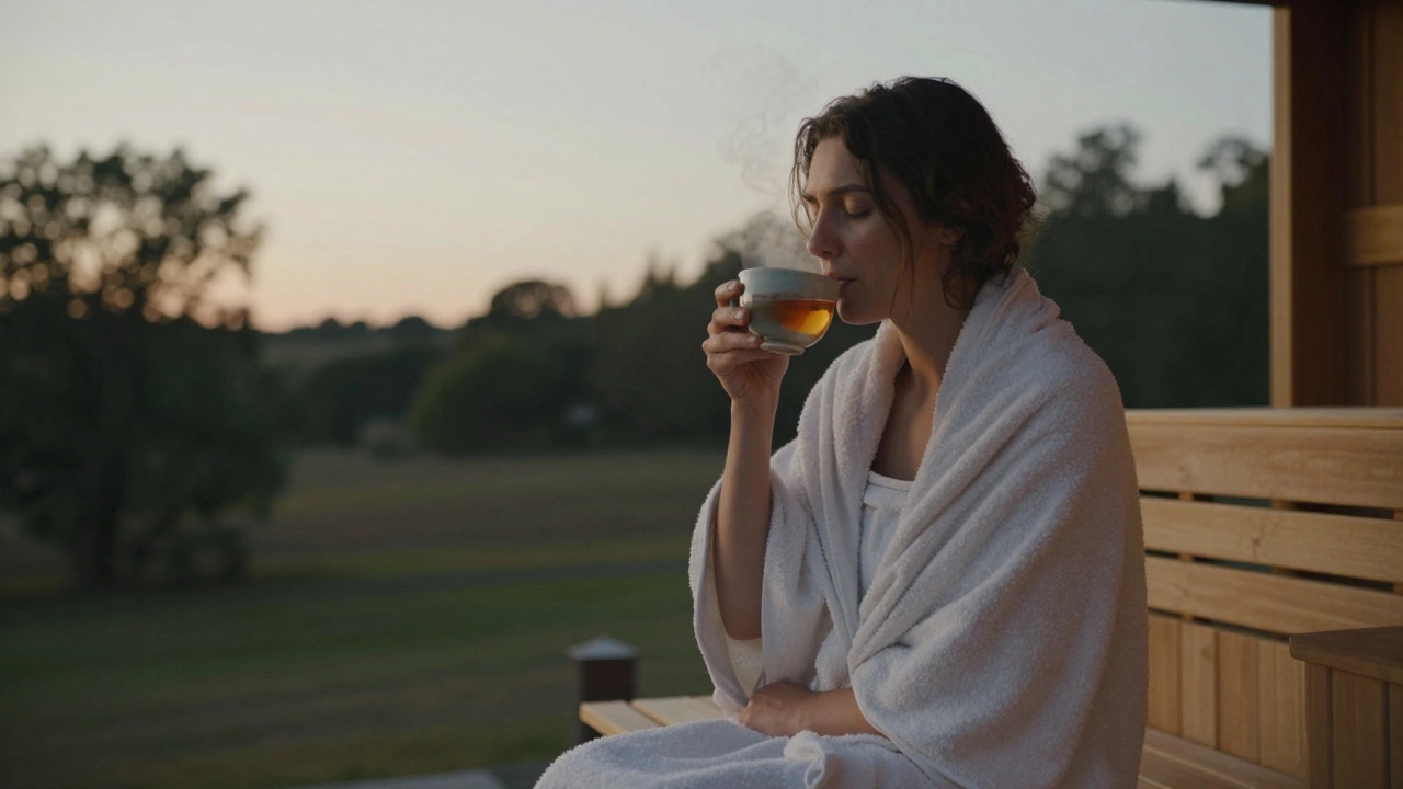 Человек после сауны сидит на лавочке, укутанный в полотенце, пьёт травяной чай, на фоне деревьев — спокойствие и тишина после жары.