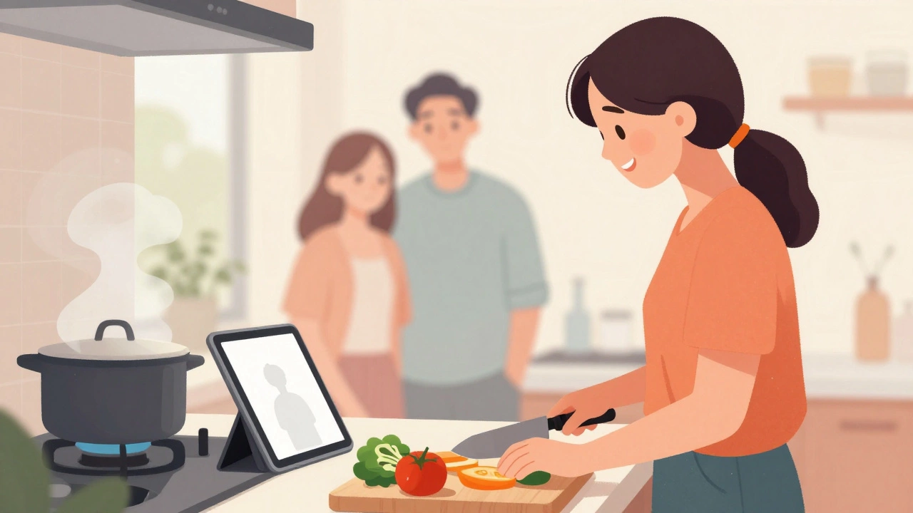 Девушка готовит ужин при свете планшета в кухне