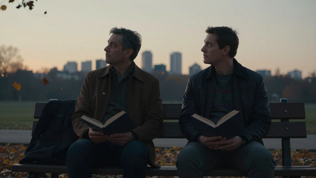 Два мужчины сидят на скамейке на закате, молча, в атмосфере глубокого понимания.