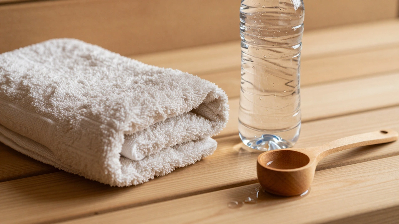 Гигиенические принадлежности на скамье: полотенце и вода