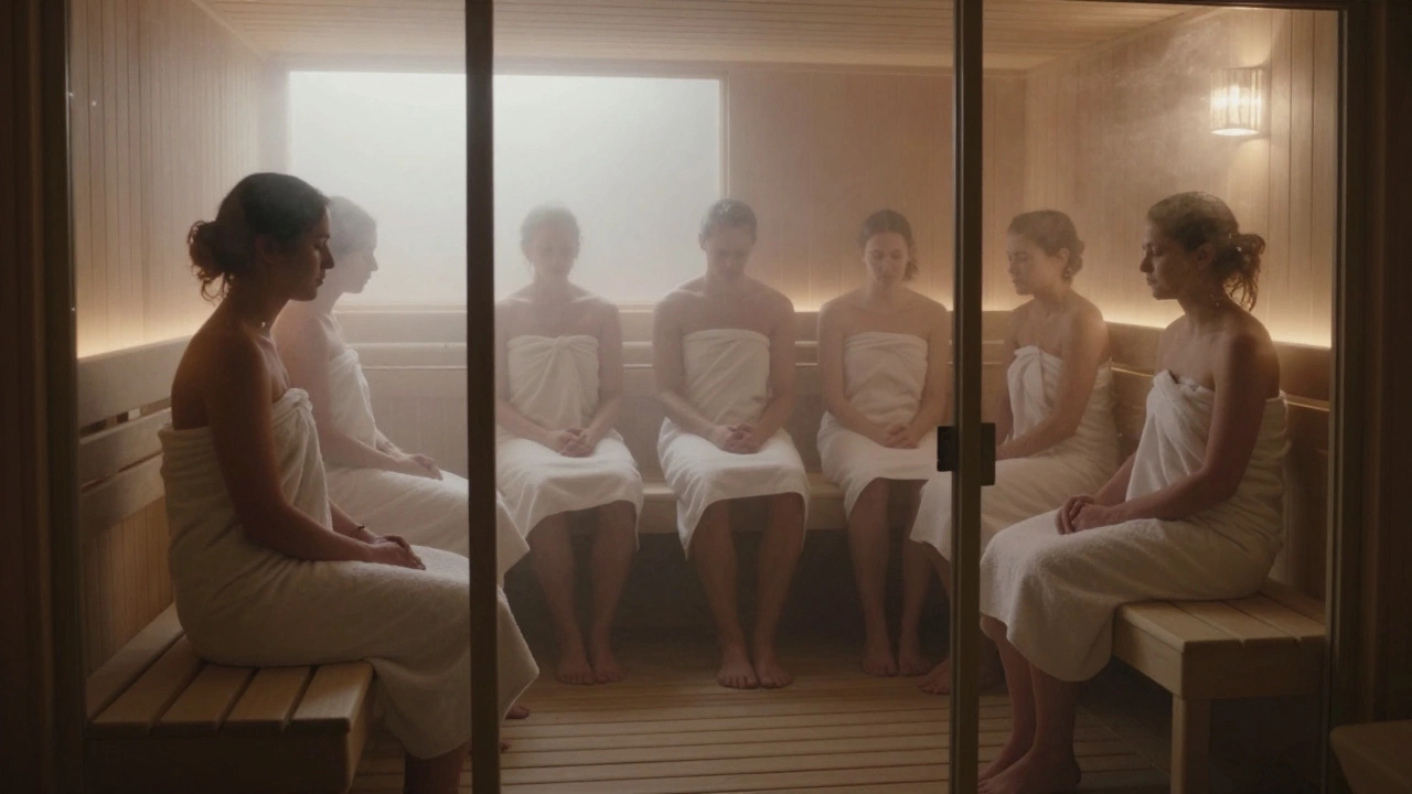 Группа людей в полотенцах отдыхает в парной комнате