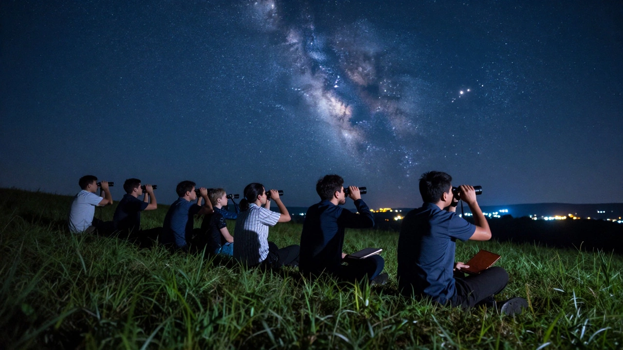 Группа мужчин смотрит в телескопы на звёздное небо ночью на холме.