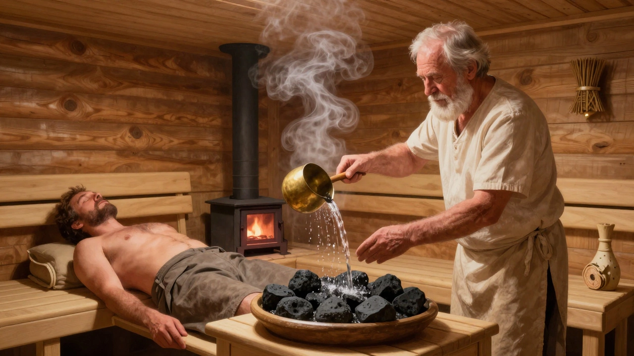 Мастер льёт воду на камни в традиционной русской бане, пар поднимается вокруг берёзового веника.