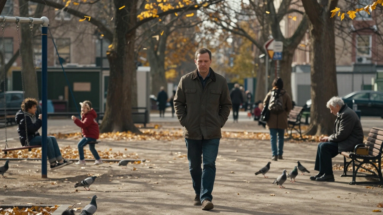 Мужчина гуляет в парке, наблюдает за детьми и голубями, без телефона и наушников.