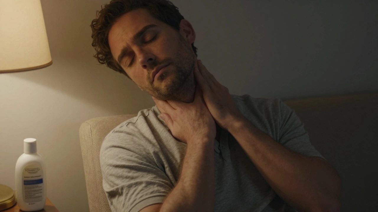 Мужчина массирует шею и плечи дома, в спокойной обстановке, с закрытыми глазами.