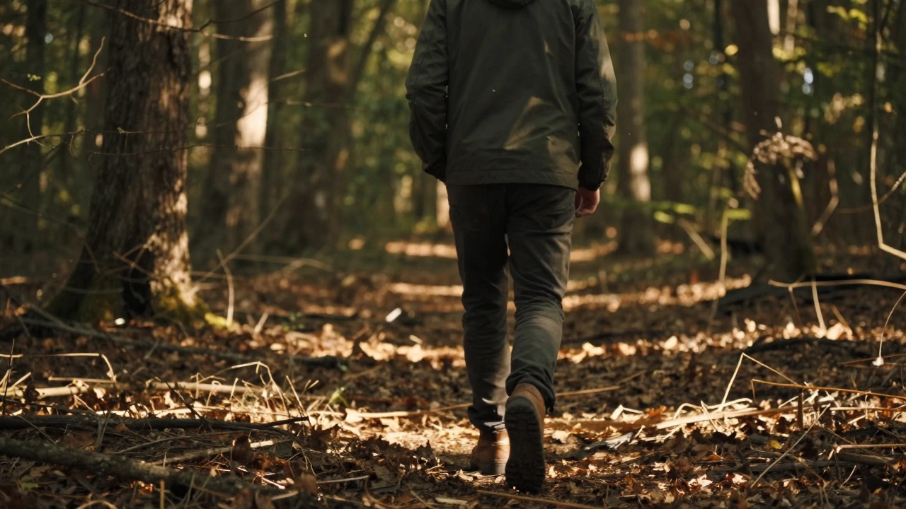 Мужчина медленно гуляет по лесу, без наушников, в золотистом свете заката.