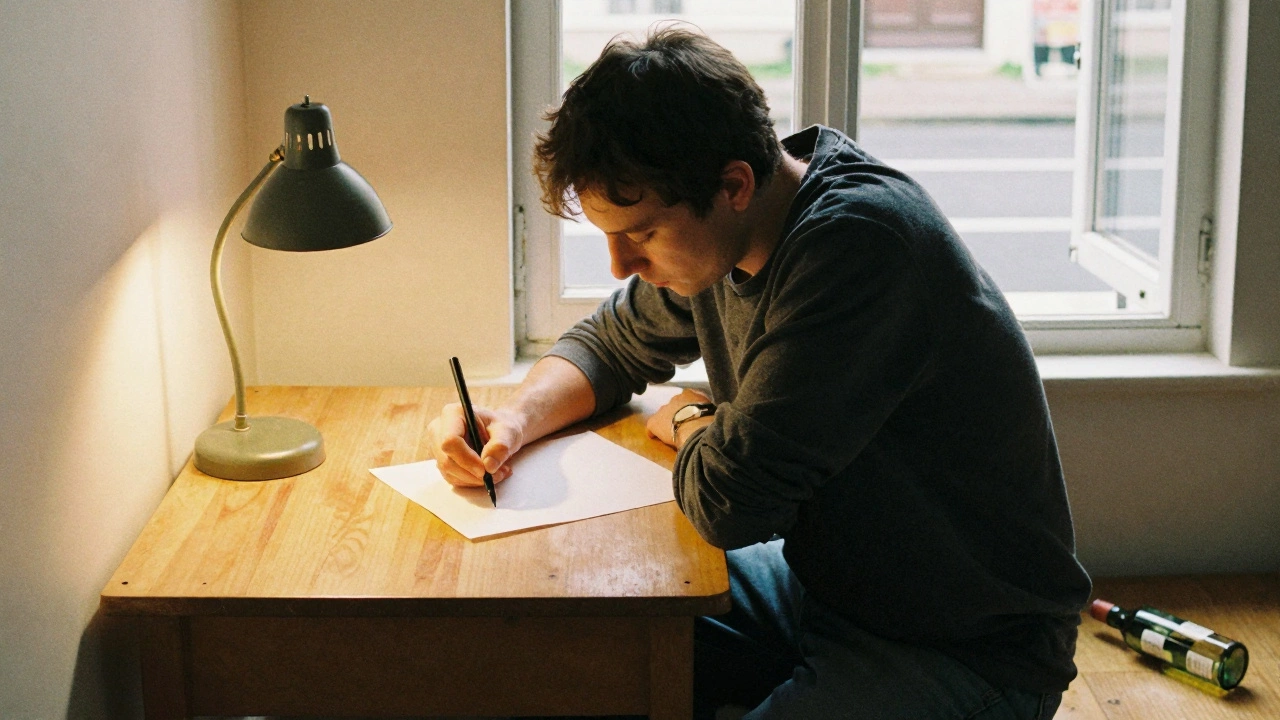 Мужчина пишет от руки на листе бумаги у лампы, рядом открытая дверь.