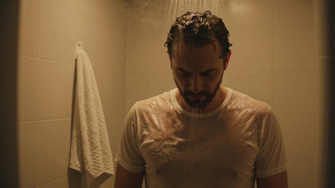 Мужчина принимает тёплый душ с закрытыми глазами, вода стекает по плечам, вокруг пар.