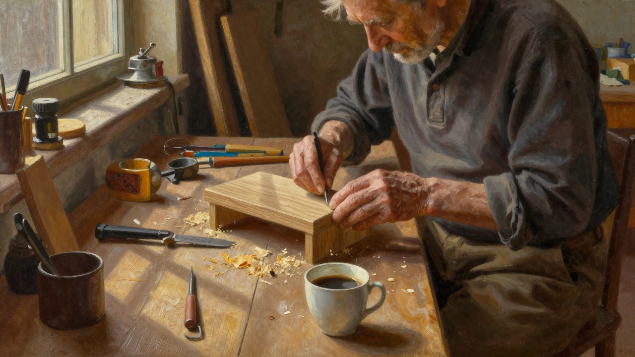 Мужчина работает с деревом в мастерской, создавая полку, в тёплом свете окна.