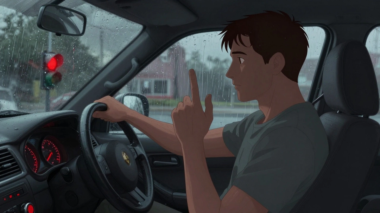 Мужчина в машине спокойно давит на палец, пока ждёт зелёного света.