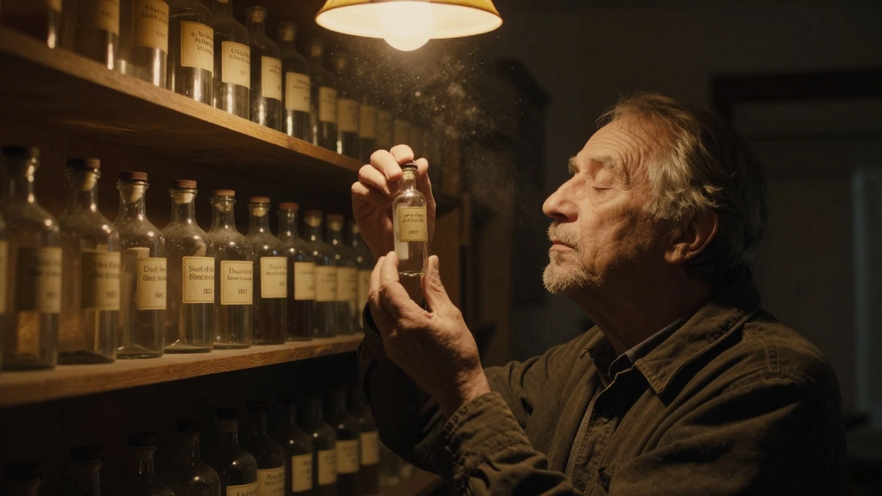 Мужчина вдыхает запах из стеклянной пробирки в тихой комнате, полной ароматов прошлого.
