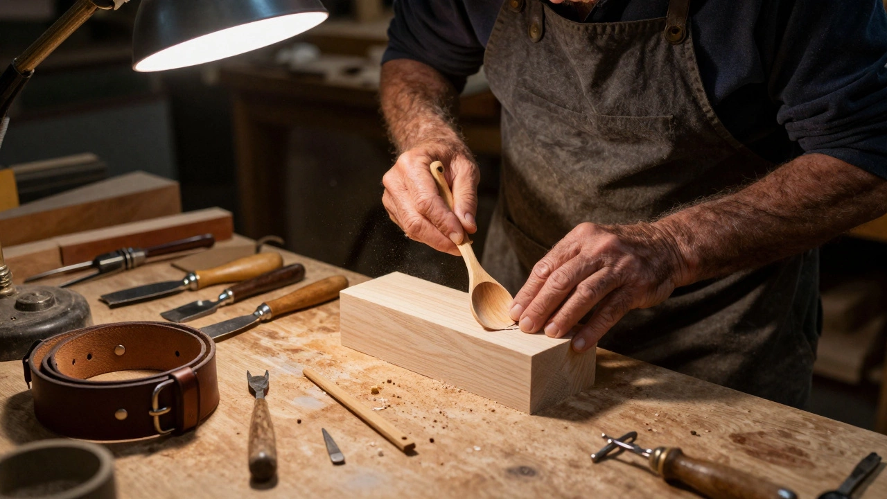 Мужчина вырезает деревянную ложку в гараже, вокруг — инструменты и кожа.