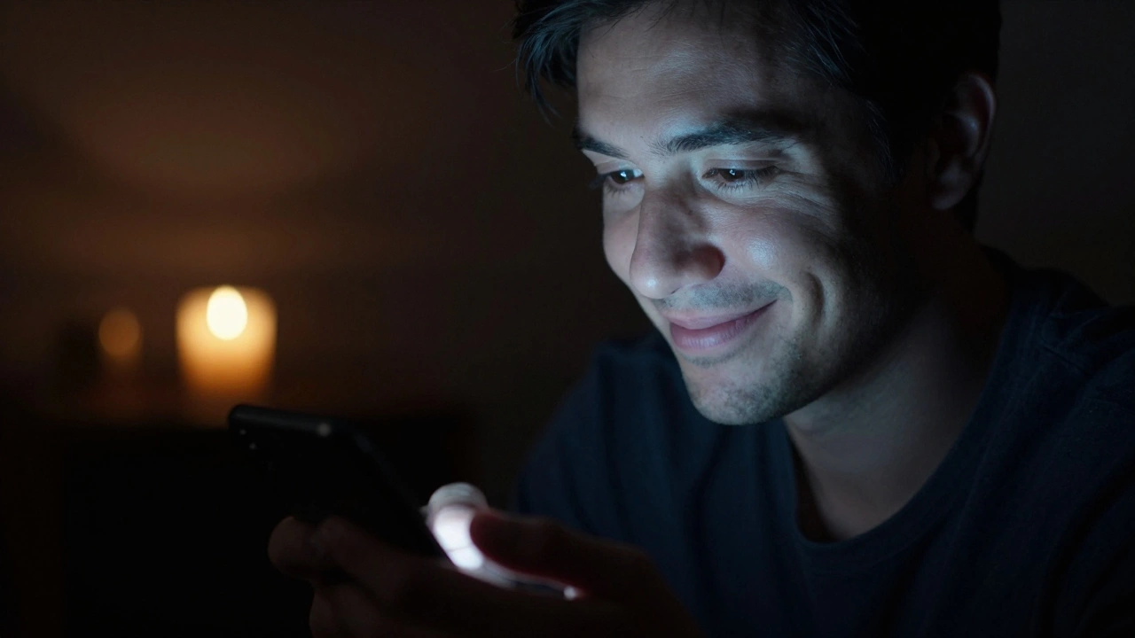 Парень улыбается телефону в темной комнате со свечой