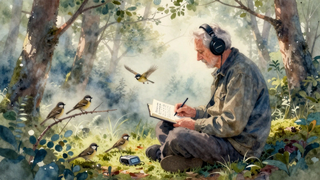 Пожилой мужчина записывает звуки птиц в лесу на рассвете, с наушниками и блокнотом.