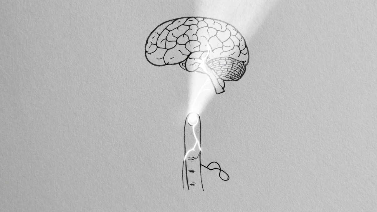 Схема нервных путей, соединяющих палец с гипоталамусом, символизирующая снятие стресса.