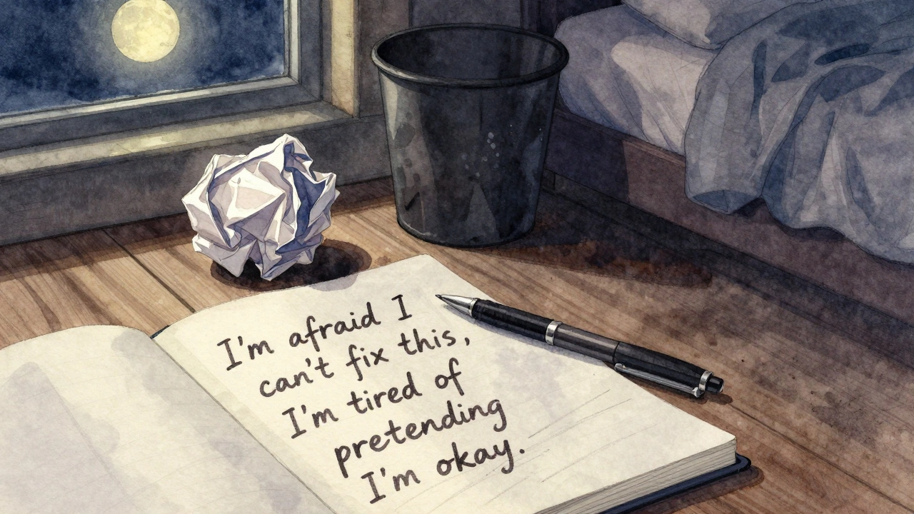 Смятый лист бумаги с записями о тревогах лежит рядом с ручкой в корзине для мусора.